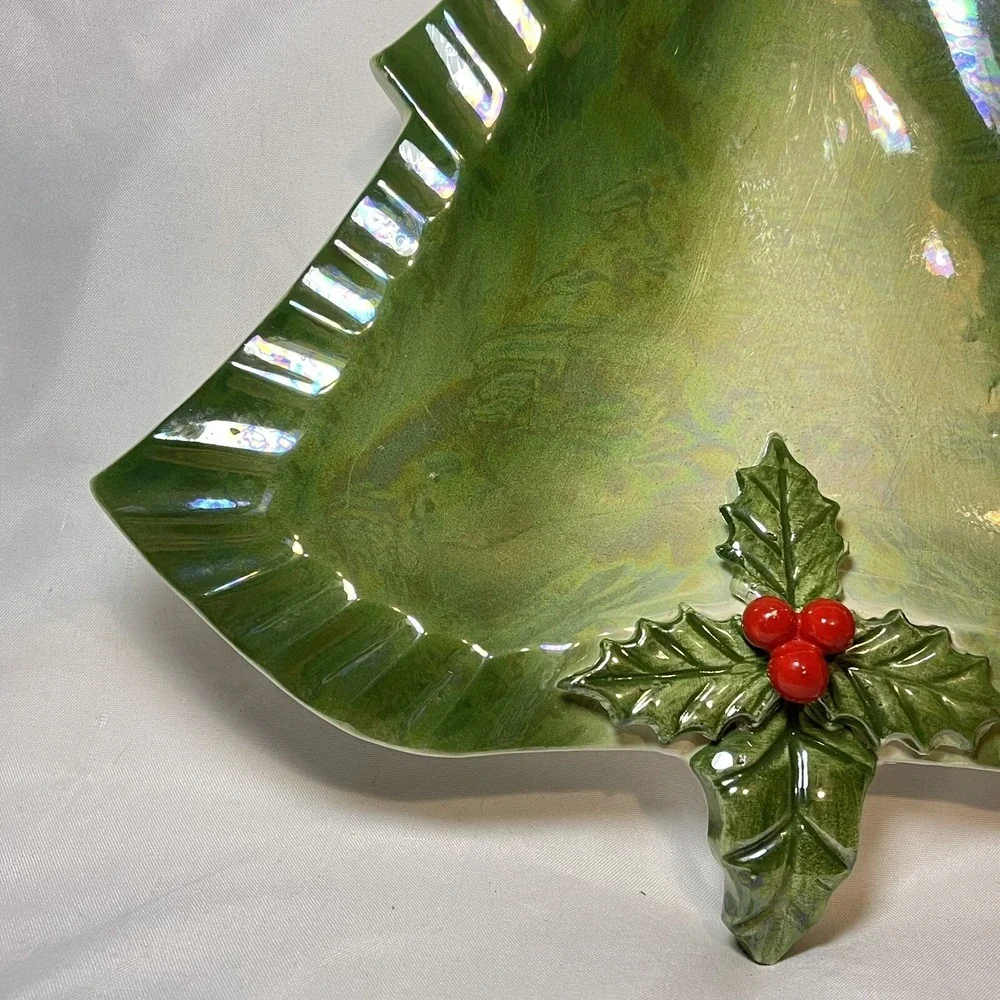 Vintage Norcrest Christmas Tree Holly‎ Tray Candy Dish Decor 50s Japan MCM Green